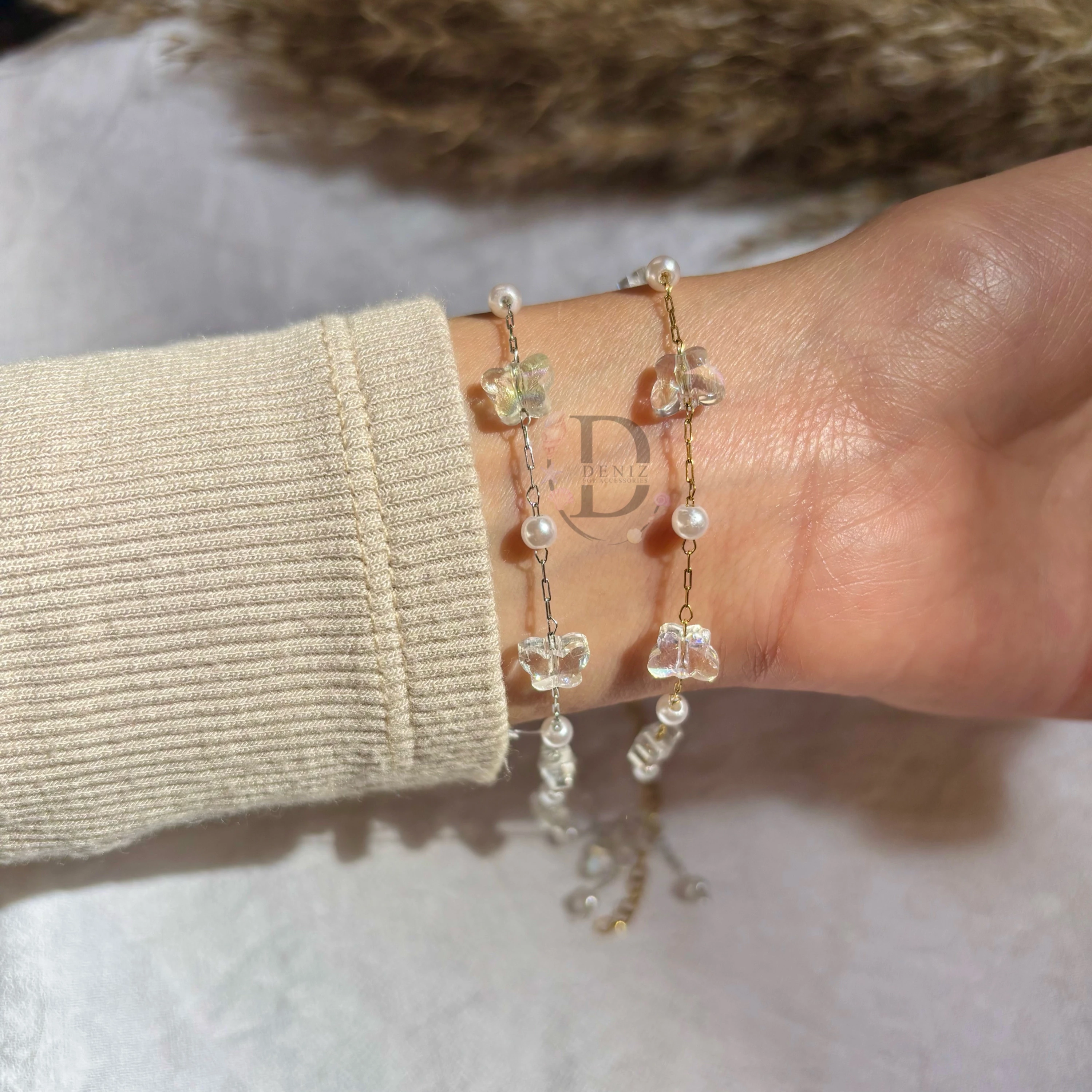 Silver Butterfly Pearls Bracelet 🦋